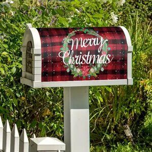 1pc Christmas Mailbox Cover, Scene Decor, Red Plaid, Wreath Merry Christmas
